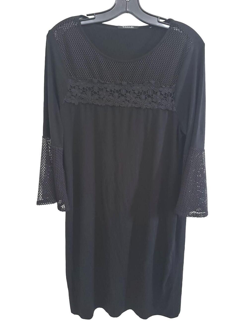 Elie Tahari Black Round Neckline Lace and Mesh Detail 3/4 Bell Sleeve Dress -  M